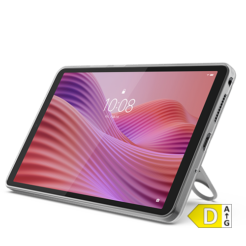 Tablet mit farbenfrohem Display und aufgestellter Schutzhülle mit integriertem Standfuß. Rechts unten ist das Energieeffizienzlabel mit der Kennzeichnung D abgebildet.